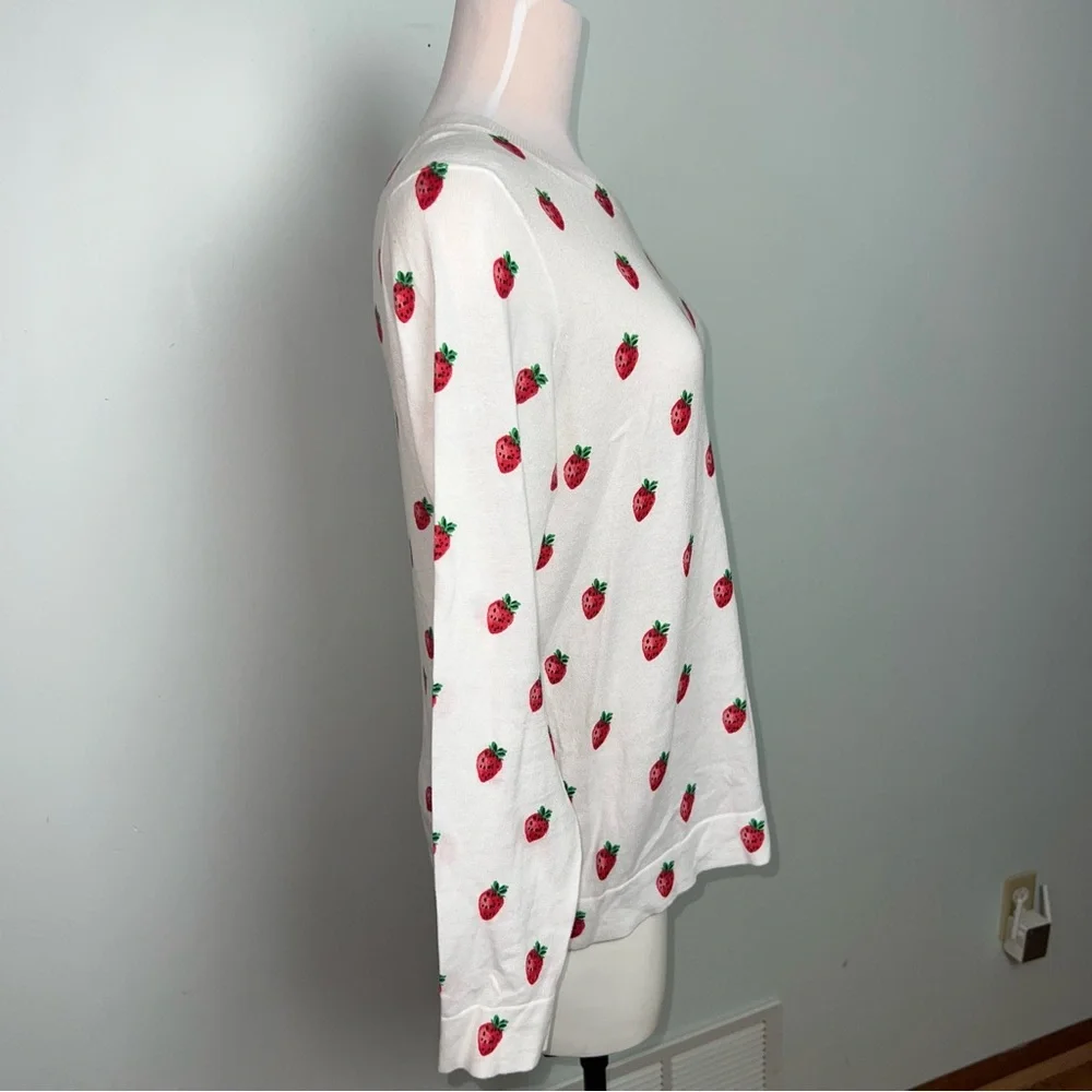 J. Crew Teddie Strawberry Print Cotton Sweater Cream Preppy Red Fruit Graphic L